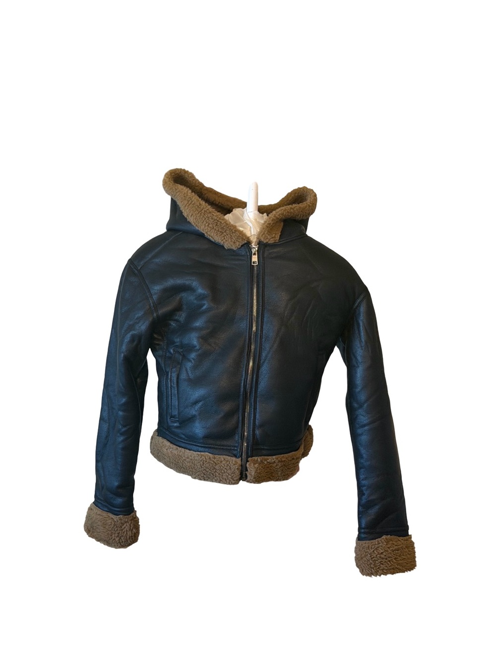 RSQ Black Faux-Leather Puffer Jacket with Brown Sherpa Trim